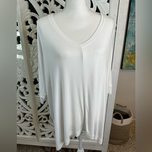 Laurie Felt Relaxed V-Neck Ribbed Dolman 3/4 Sleeve White Sweater Size MP/LP - Picture 1 of 9
